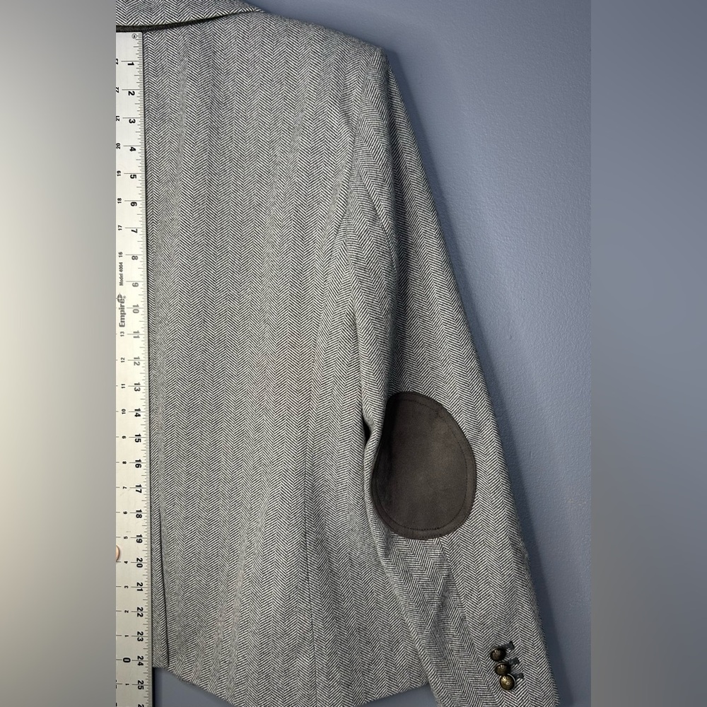 LOFT Blazer Womens 10 Gray Equestrian Herringbone Elbow Patch Crest Buttons Work - Picture 7 of 16